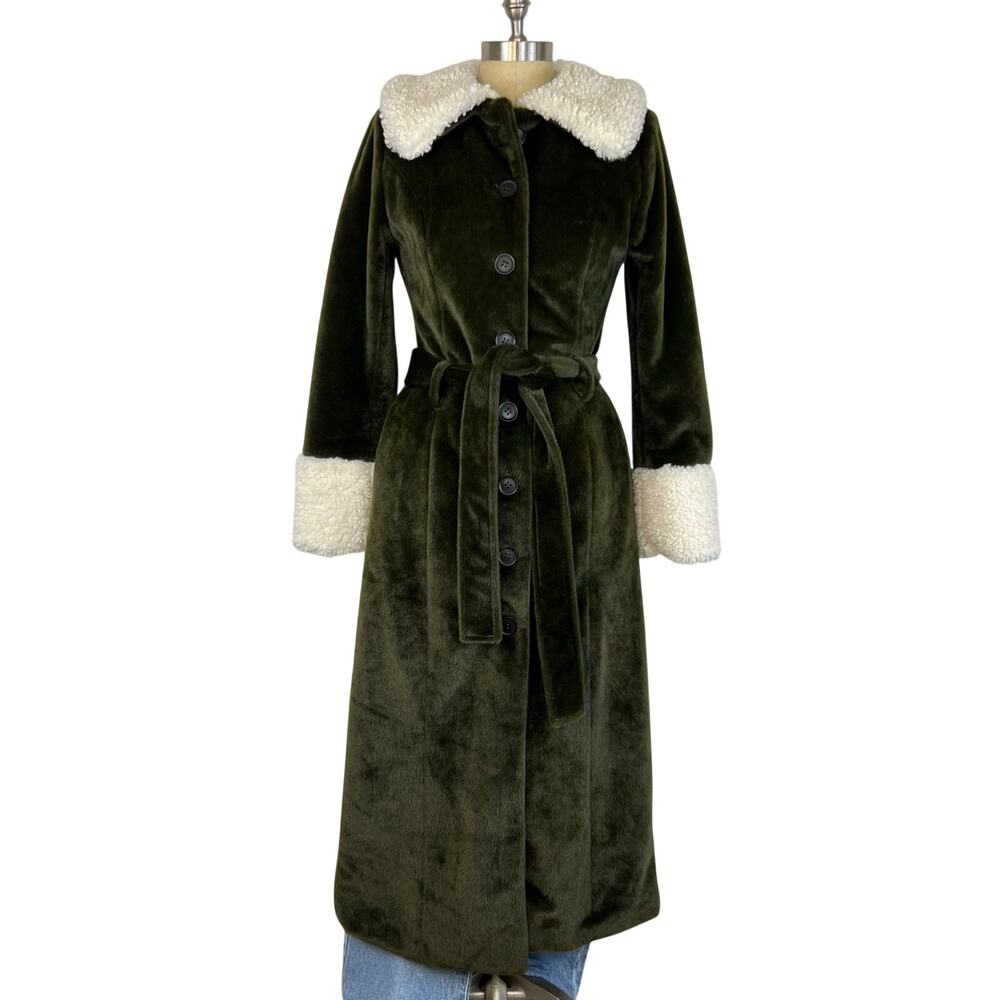 Women's Hot & Delicious Dark Green Faux Shearling Trimmed Long Coat (Sz S)